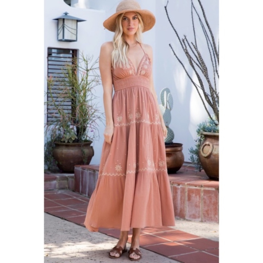 Sandstone Embroidered Floral Smocked Waist Gauze Summer Casual Halter Dress